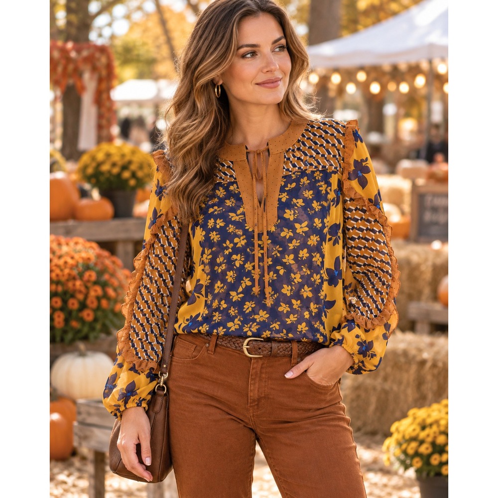 Cabi Harmony Blouse Sheer Golden Eye Floral Ruffle Long Sleeve 3953 Size Small